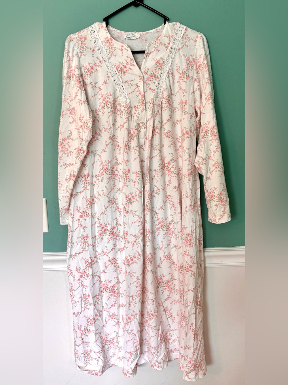 Vintage Miss Elaine Floral Prairie Nightgown Dress Pink White Lace S Cottage